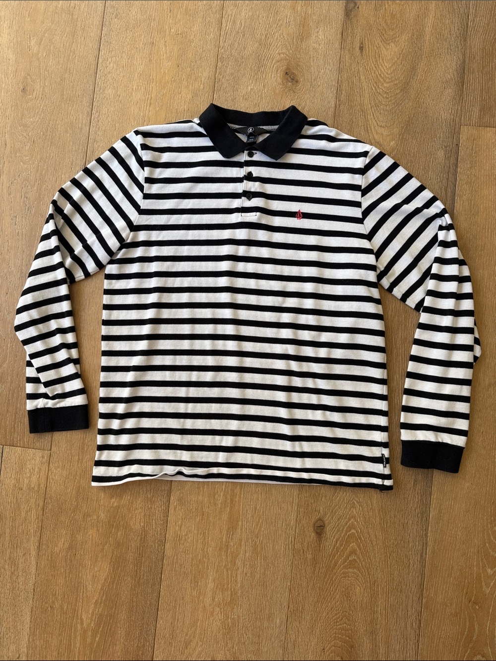 Volcom Black & White Striped Long-Sleeve Polo Shirt